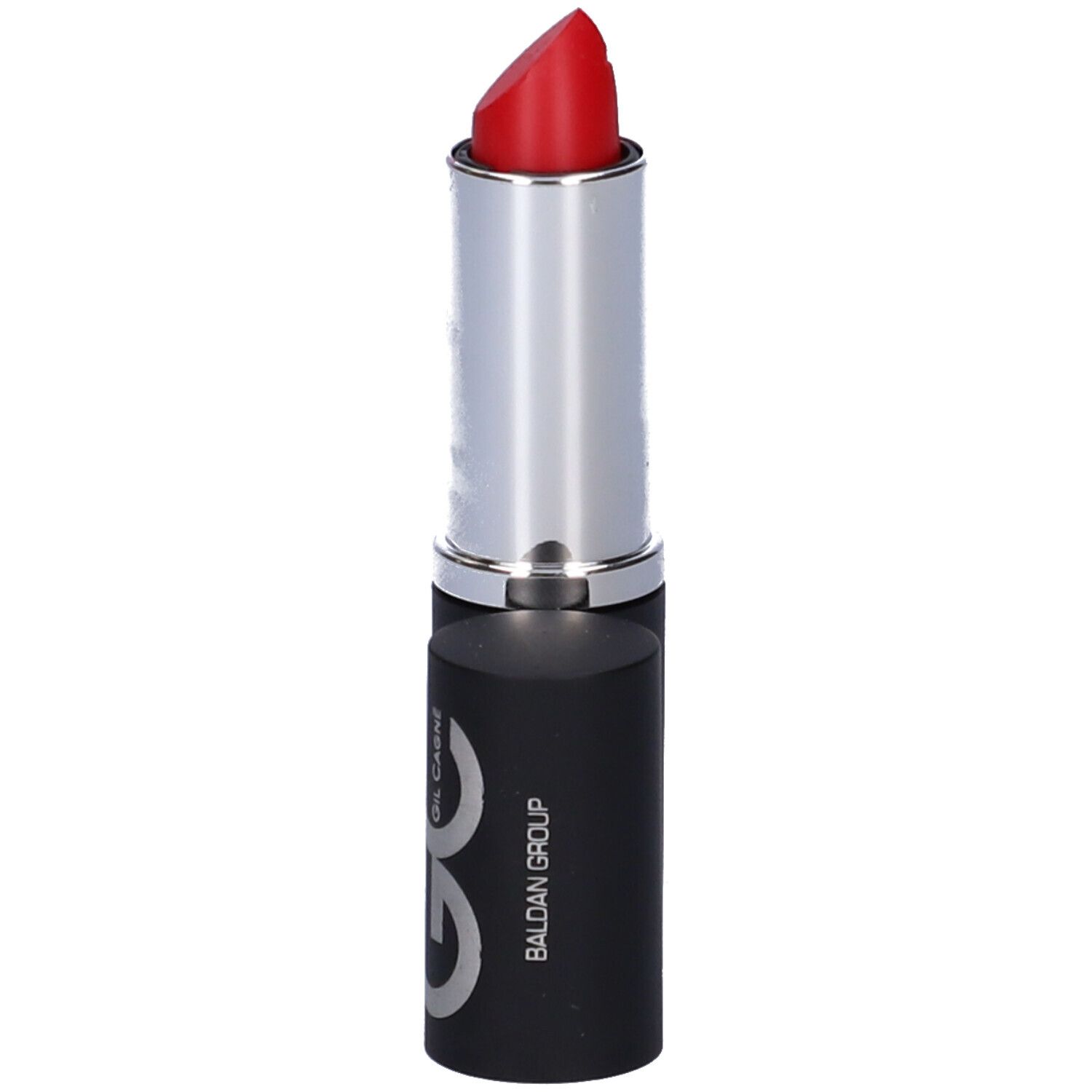 Rossetto rosso in astuccio nero con anello argentato. Sul tappo c'è "GC" e "BALDAN GROUP".