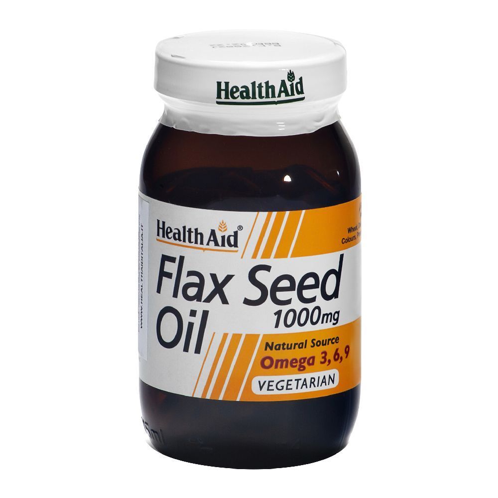 Bottiglia di vetro marrone con tappo bianco. L'etichetta riporta "Flax Seed Oil 1000mg".