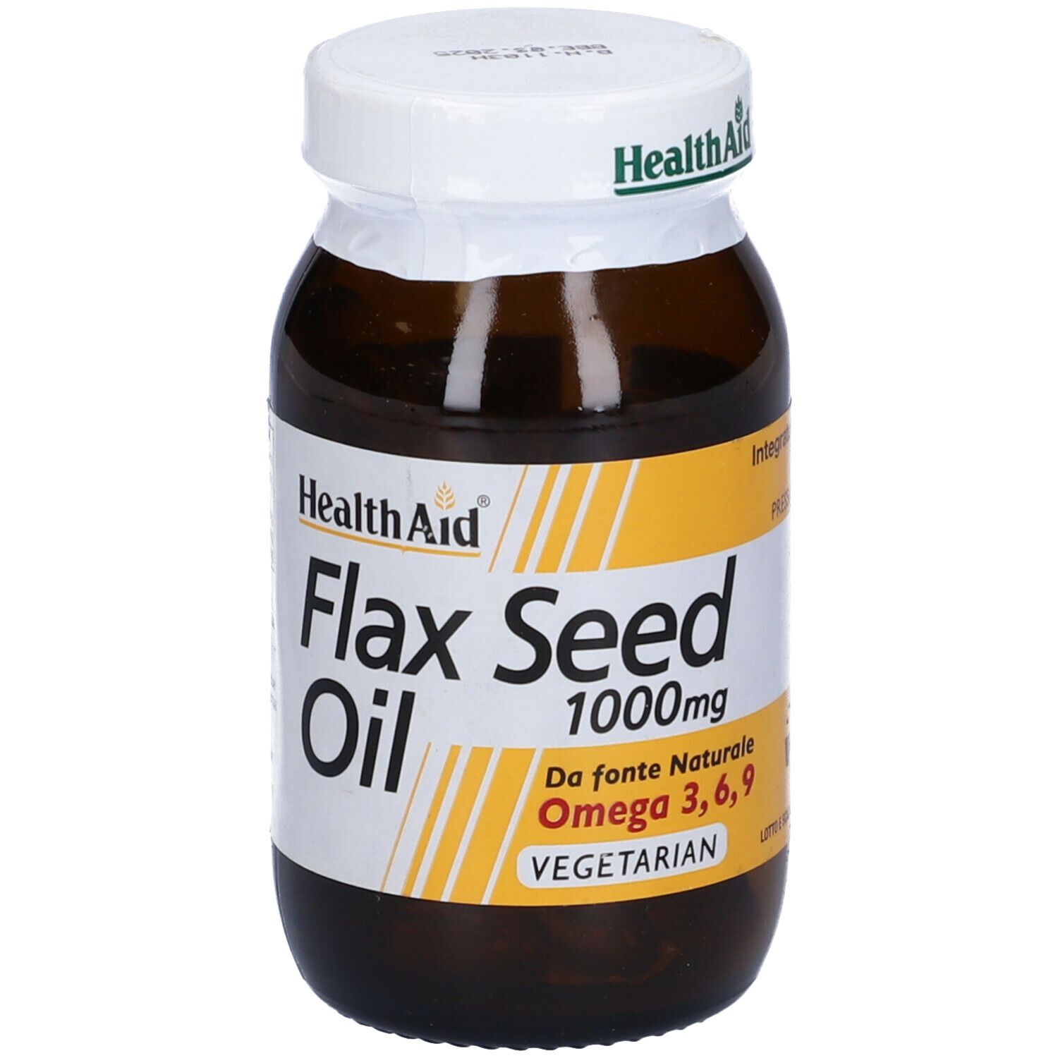 Bottiglia di vetro marrone con tappo bianco. Etichetta "Flax Seed Oil 1000mg".