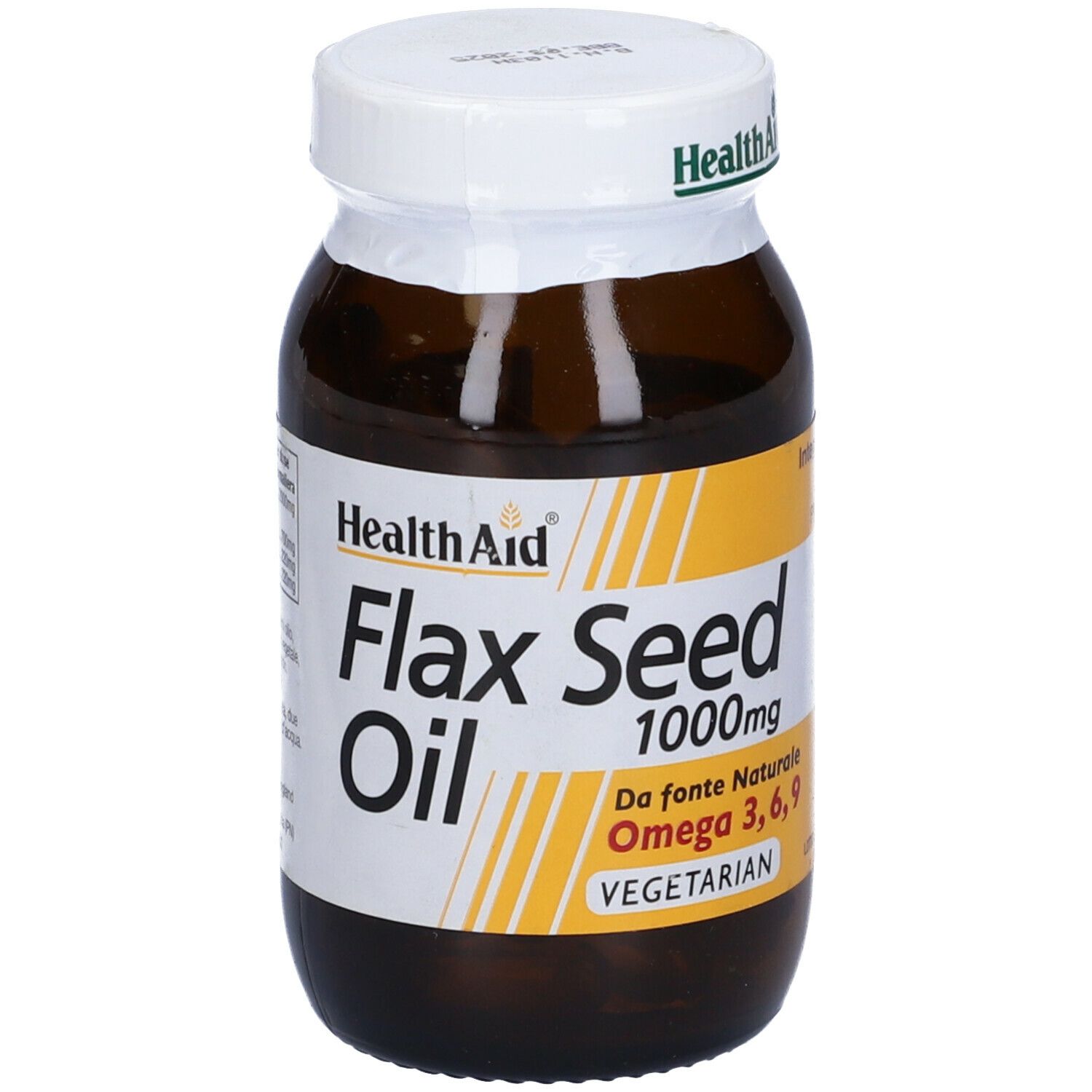 Bottiglia di vetro marrone con tappo bianco. Etichetta "Flax Seed Oil 1000mg".
