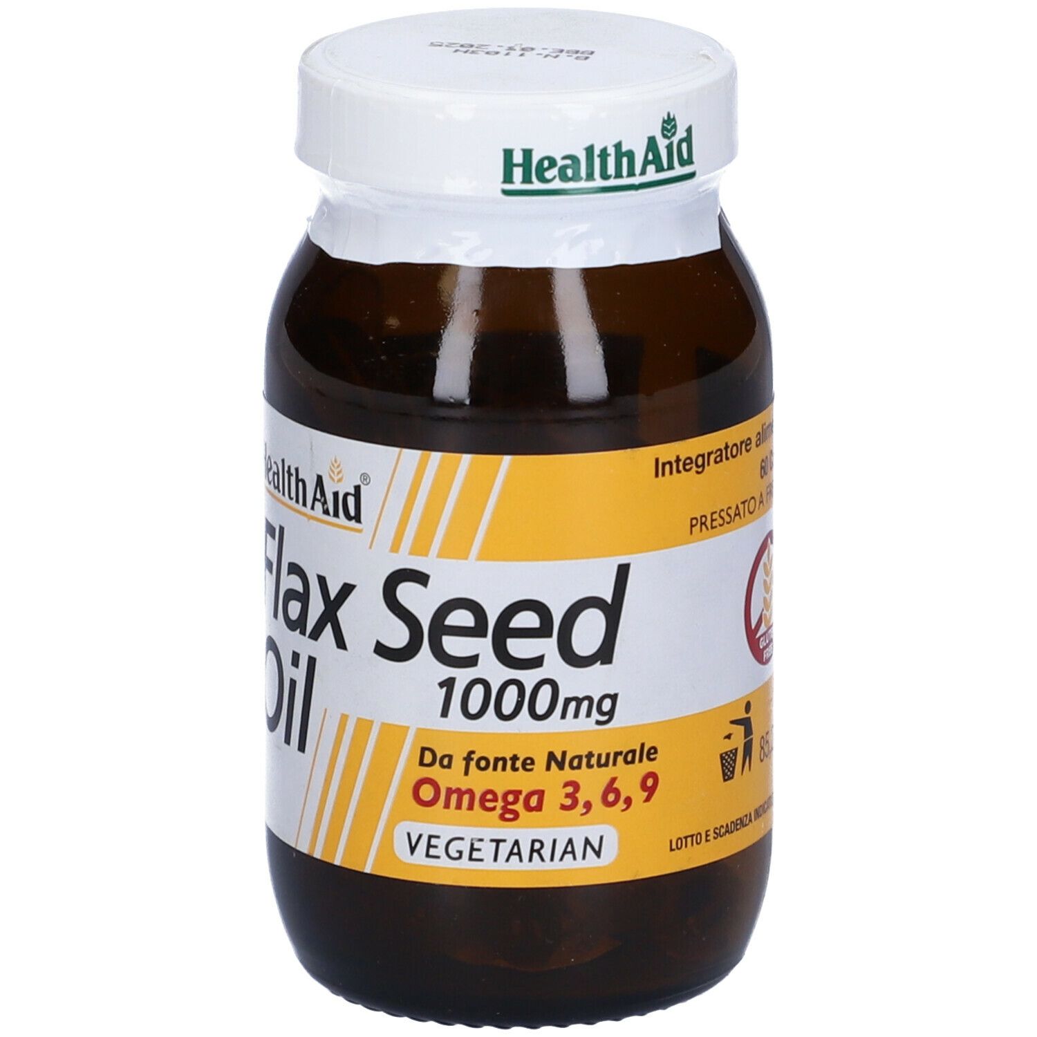 Bottiglia di vetro marrone con tappo bianco. Etichetta "Flax Seed Oil 1000mg".