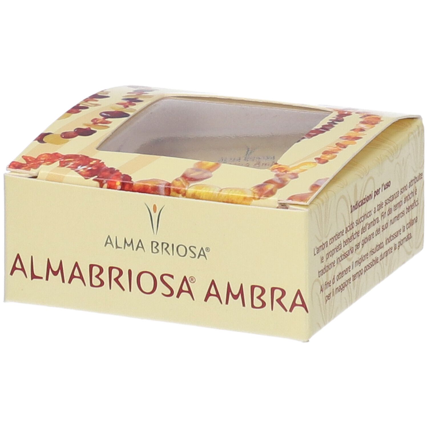 Confezione Almababy Ambra. Scritta ALMABRIOSA AMBRA. Finestra con collana visibile.