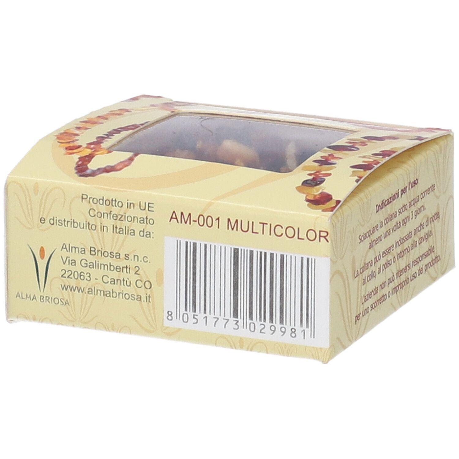 Confezione Almababy Ambra. Scritta: AM-001 MULTICOLOR. Codice a barre. Finestra con collana.