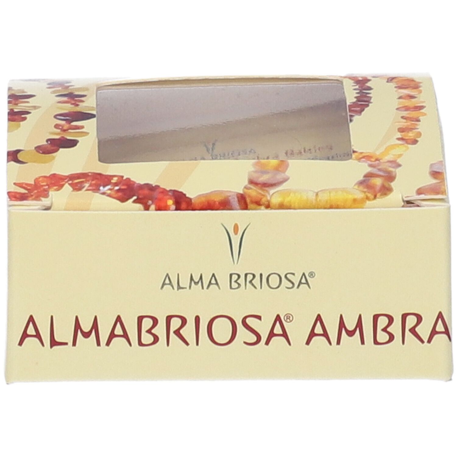 Confezione Almababy Ambra. Scritta ALMABRIOSA AMBRA. Finestra con collana visibile.