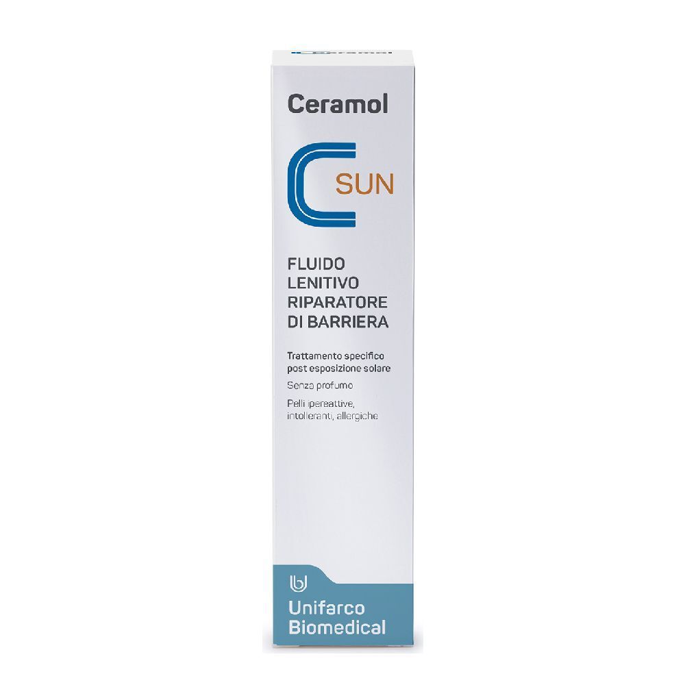 Scatola bianca con nome prodotto Ceramol e denominazione prodotto. Testo in italiano. Logo Unifarco Biomedical.