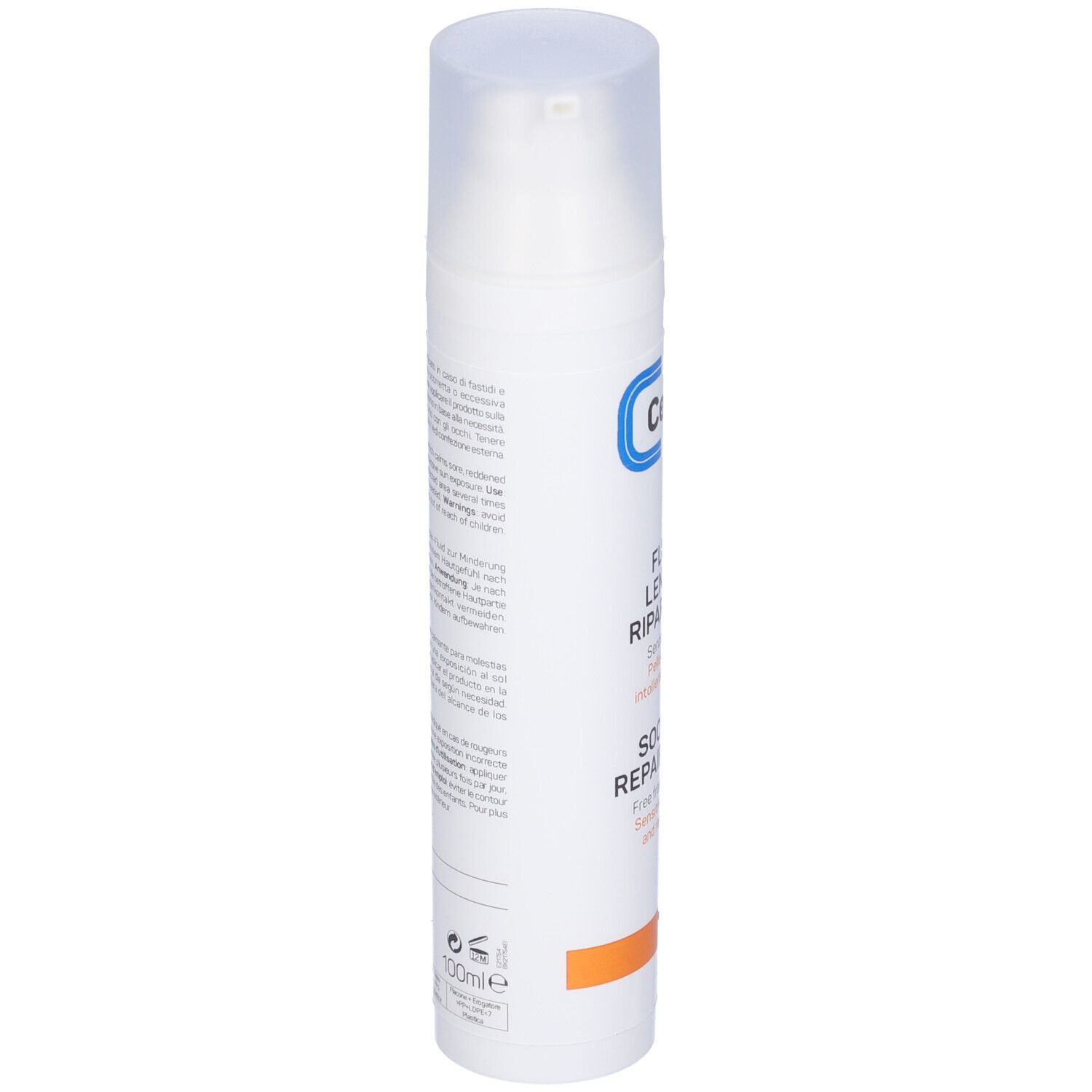 Flacone bianco con chiusura a pompa. Denominazione prodotto e testo in italiano. Striscia arancione.