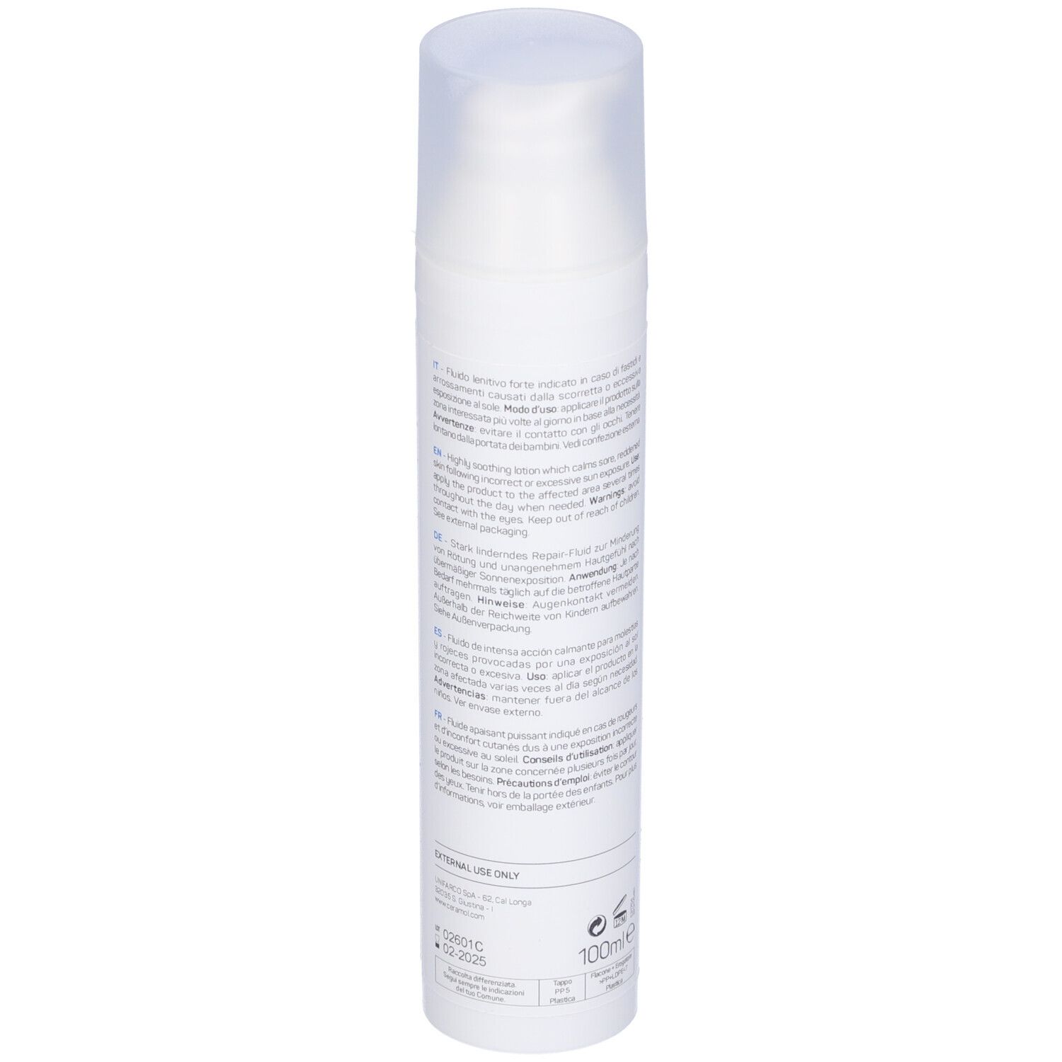Flacone bianco con chiusura a pompa. Testo in italiano. Scritta 100ml.