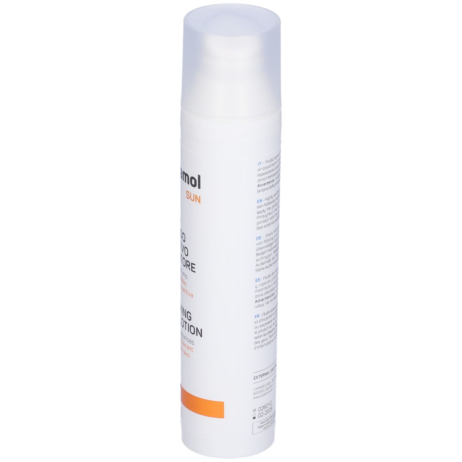Flacone bianco con chiusura a pompa. Denominazione prodotto e testo in italiano. Striscia arancione.