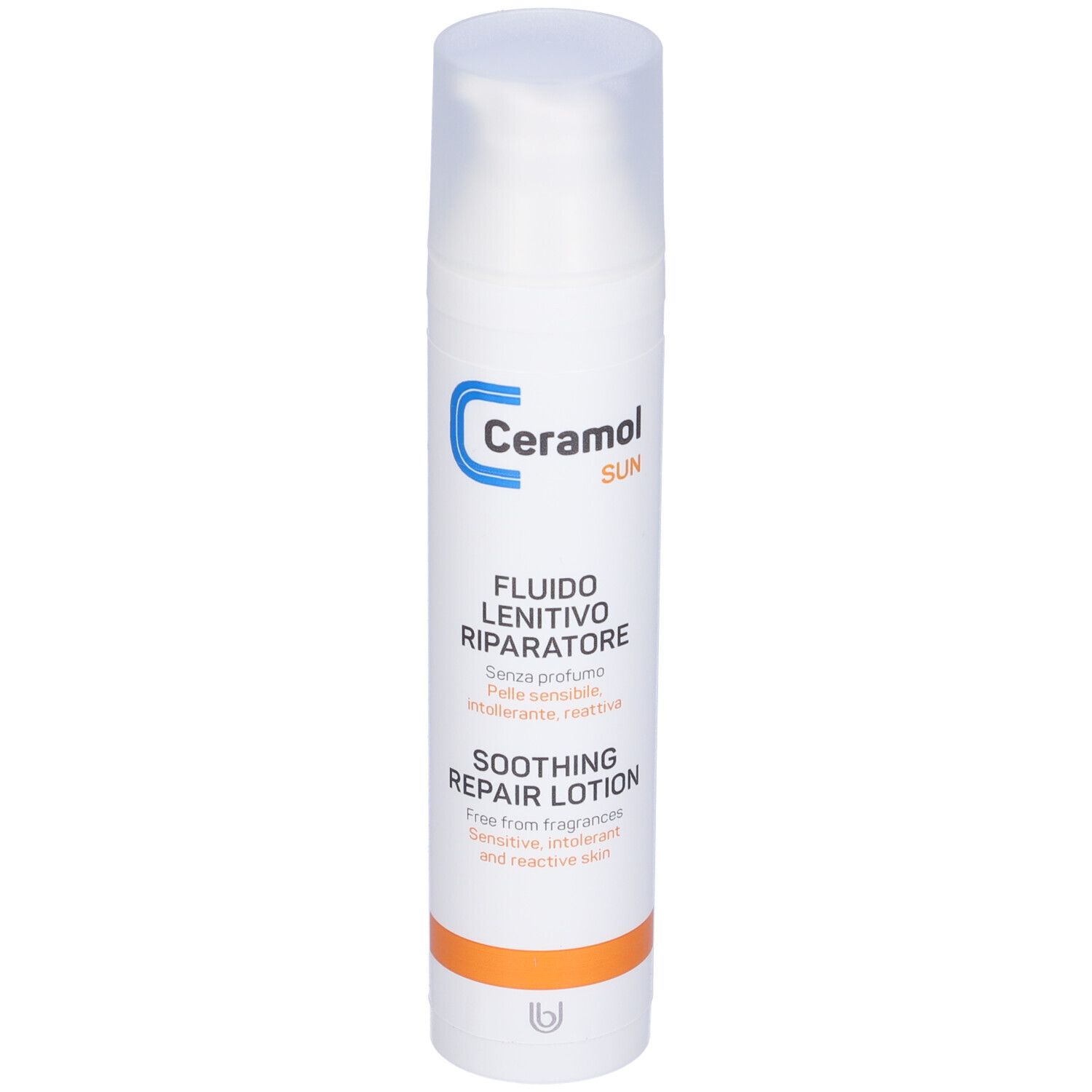 Flacone bianco con chiusura a pompa. Denominazione prodotto e testo in italiano. Striscia arancione.