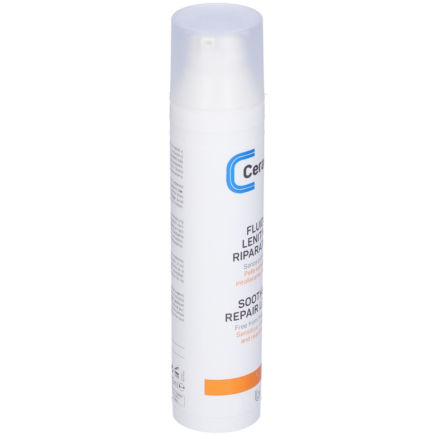 Flacone bianco con chiusura a pompa. Denominazione prodotto e testo in italiano. Striscia arancione.