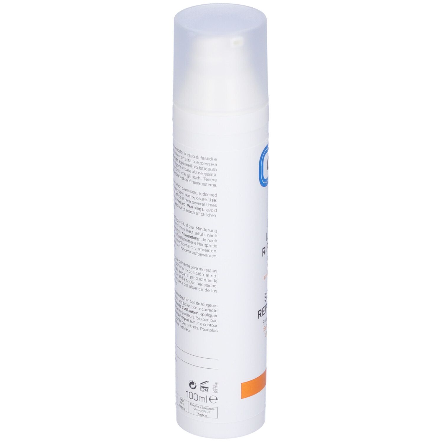 Flacone bianco con chiusura a pompa. Testo in italiano. Scritta 100ml.