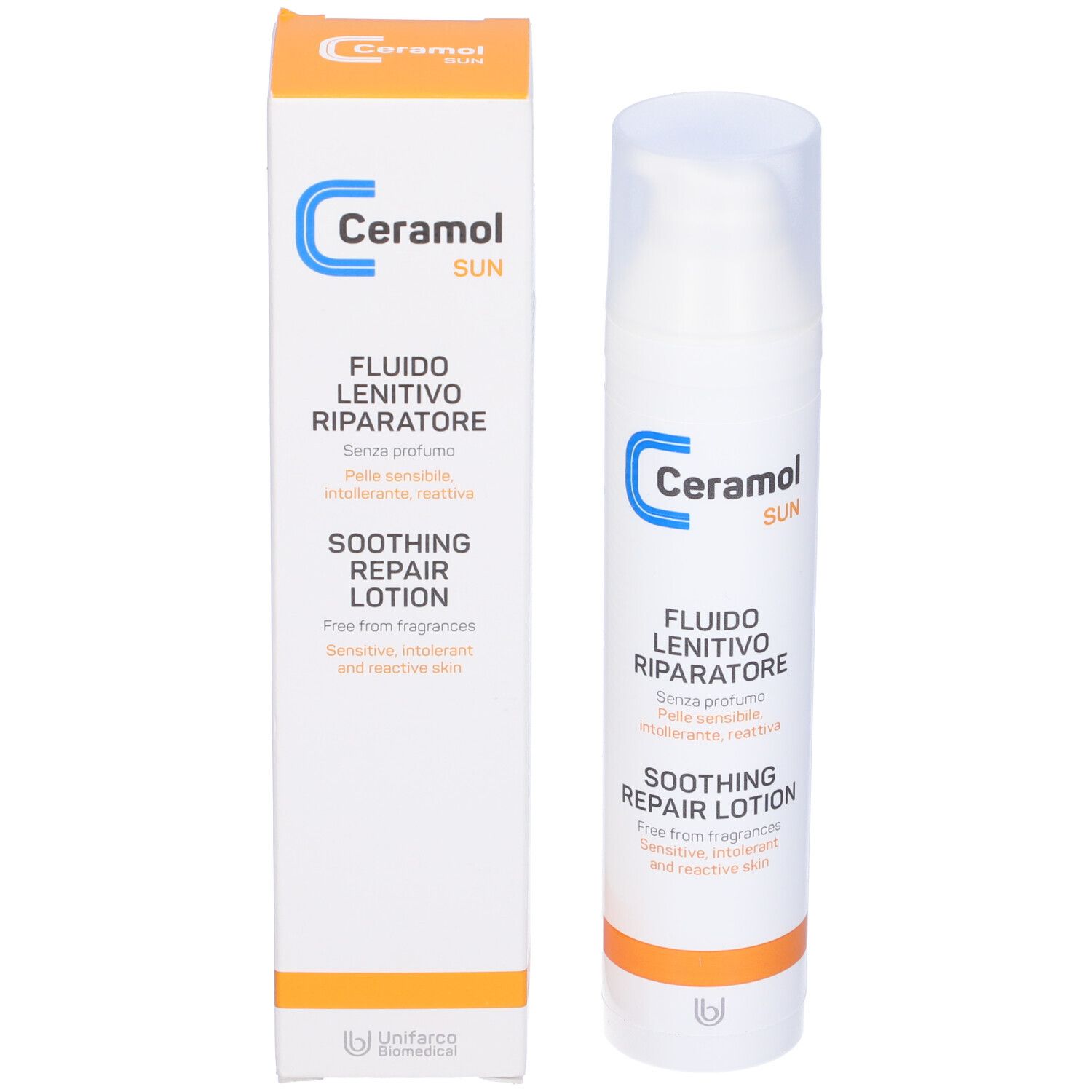 Prodotto e confezione. Flacone bianco con chiusura a pompa e scatola. Testo in italiano.