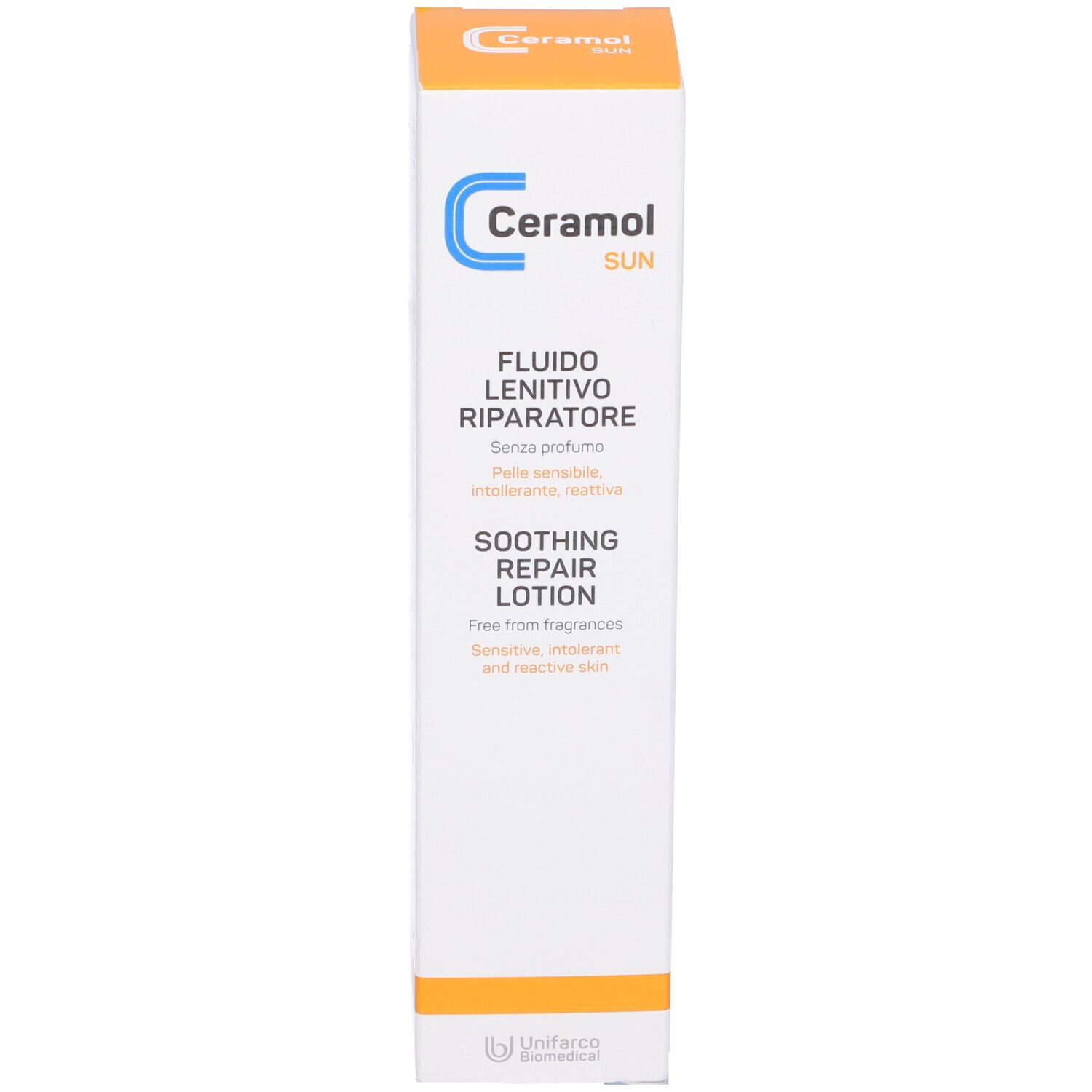 Scatola bianca con nome prodotto Ceramol e denominazione prodotto. Testo in italiano. Logo Unifarco Biomedical.