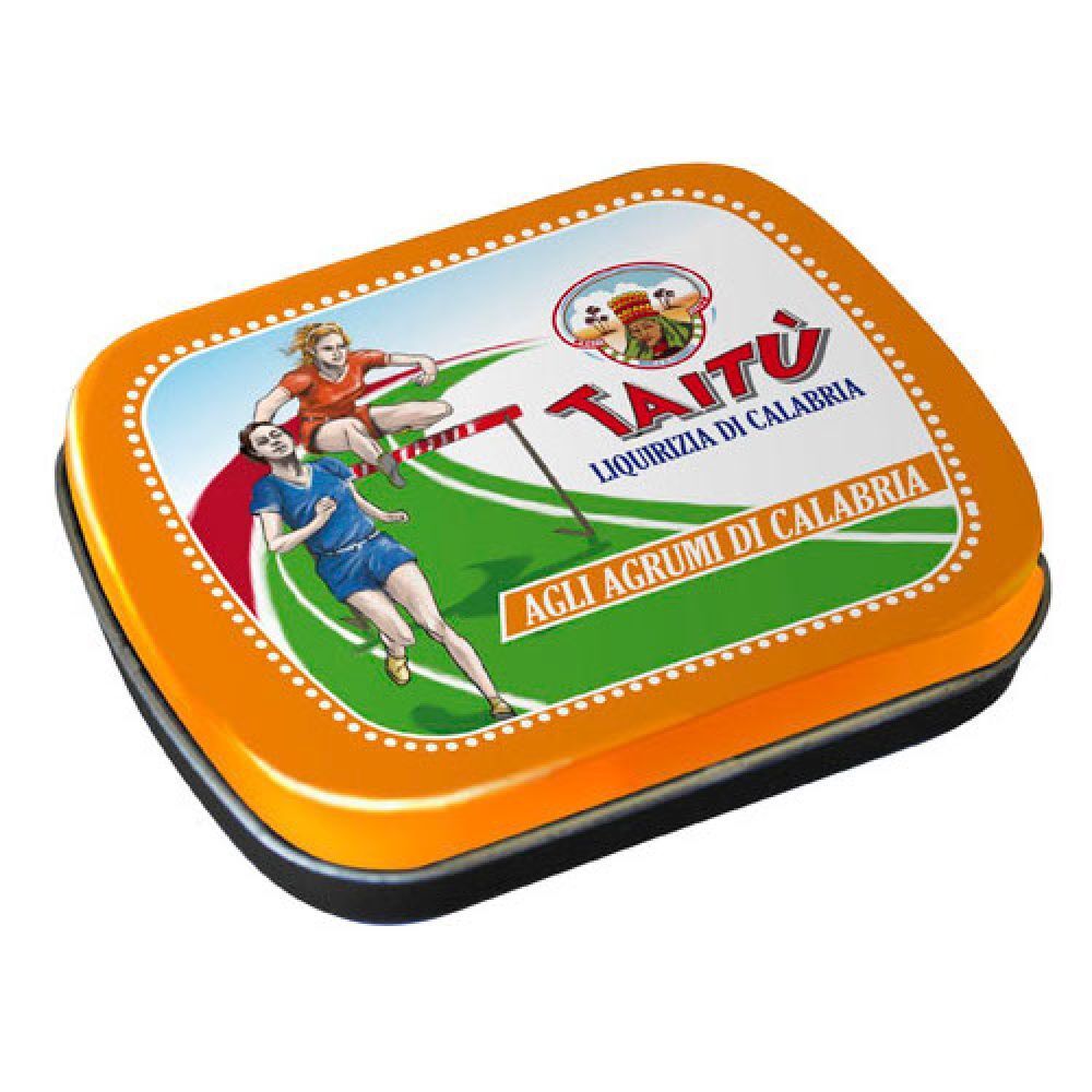 Scatola arancione con grafica sportiva e testo. Contiene 'Taitu' e 'Liquirizia di Calabria'.