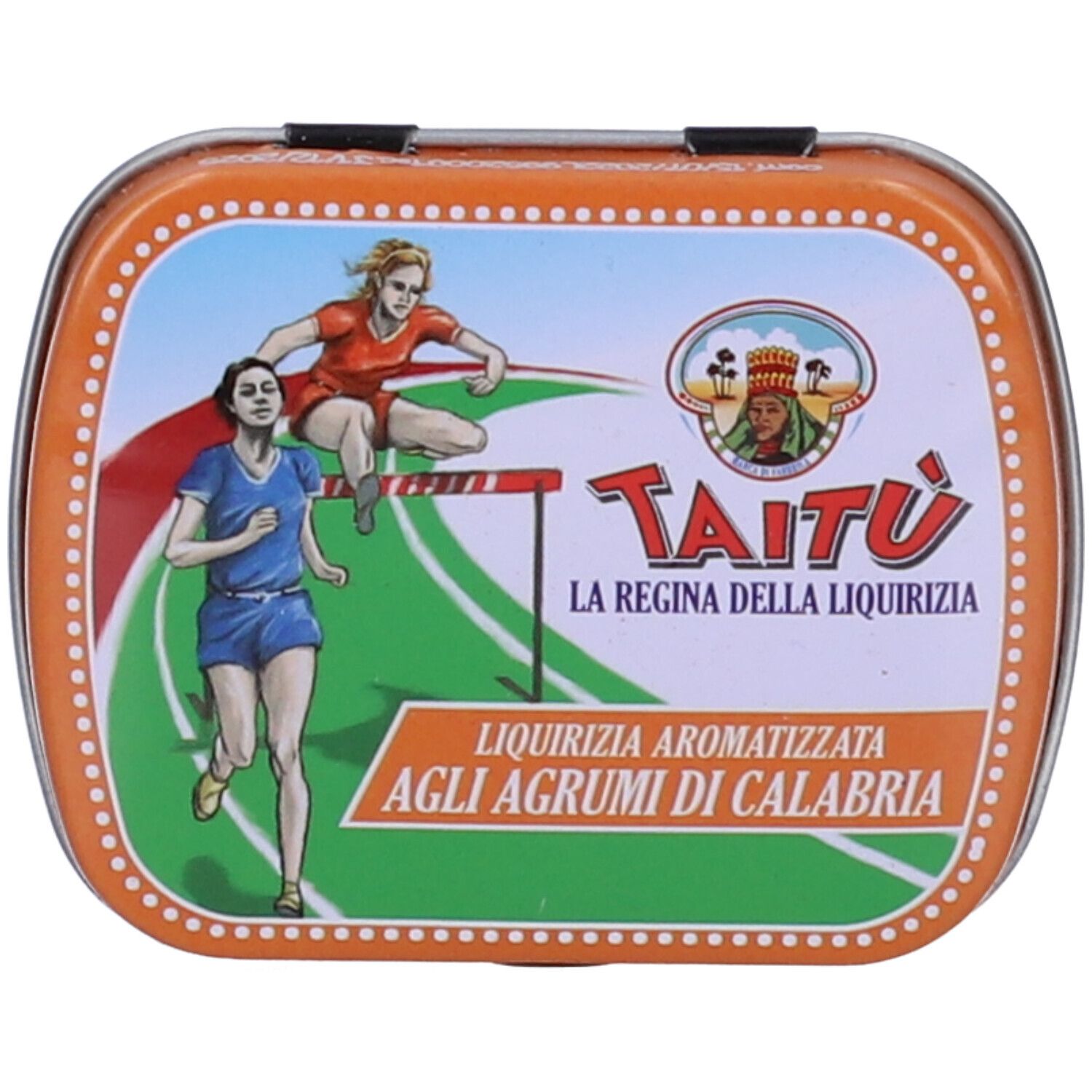 Scatola arancione con grafica sportiva e testo. Contiene 'Taitu' e 'Liquirizia aromatizzata agli agrumi di Calabria'.