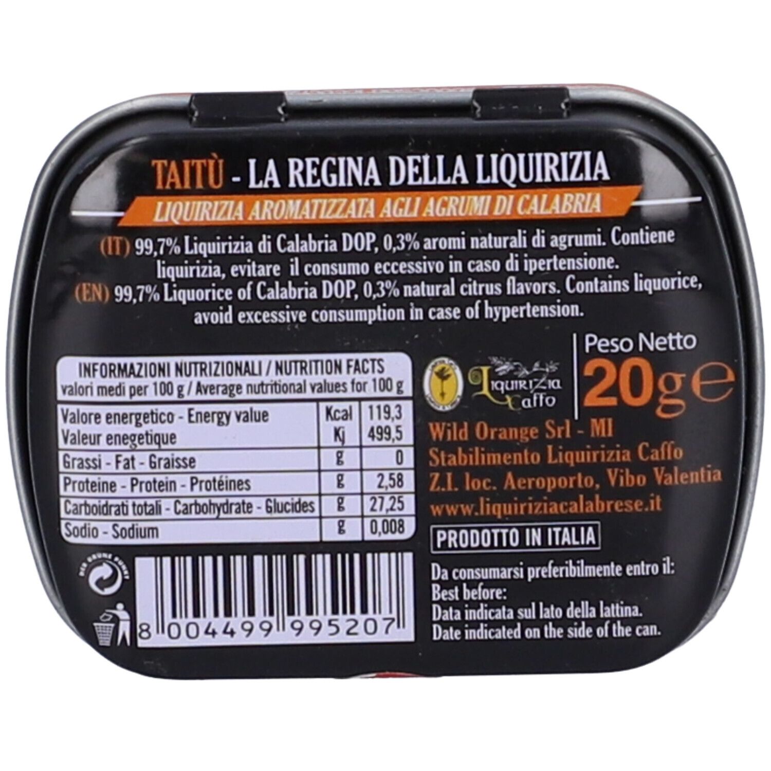 Scatola nera con testo e informazioni nutrizionali. Contiene 'Taitu' e '20g'.