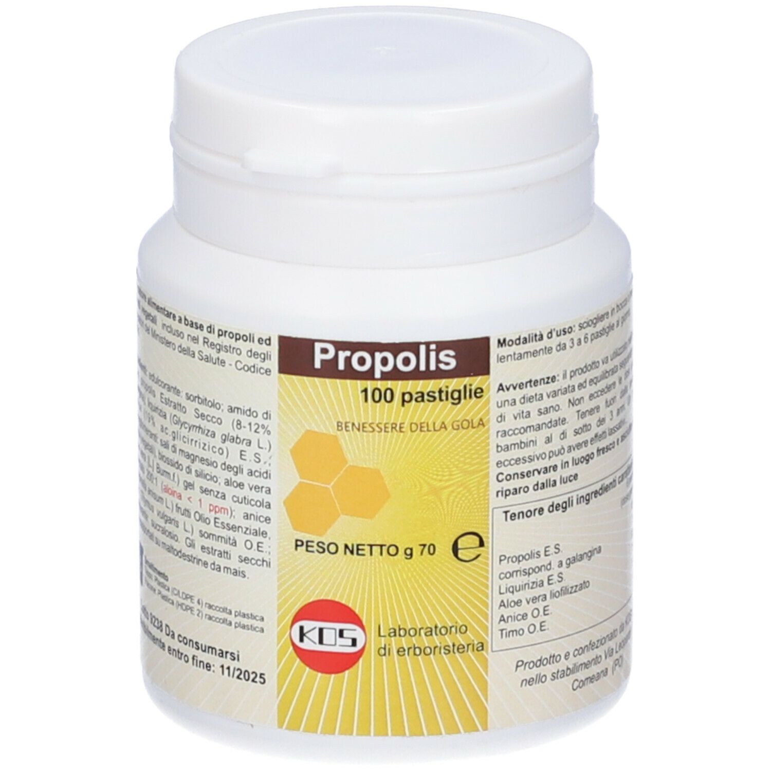 Flacone bianco, scritta: Propolis, 100 Pastiglie, grafica a nido d'ape. Testo: Benessere della gola. Peso 70g. Logo KDS.