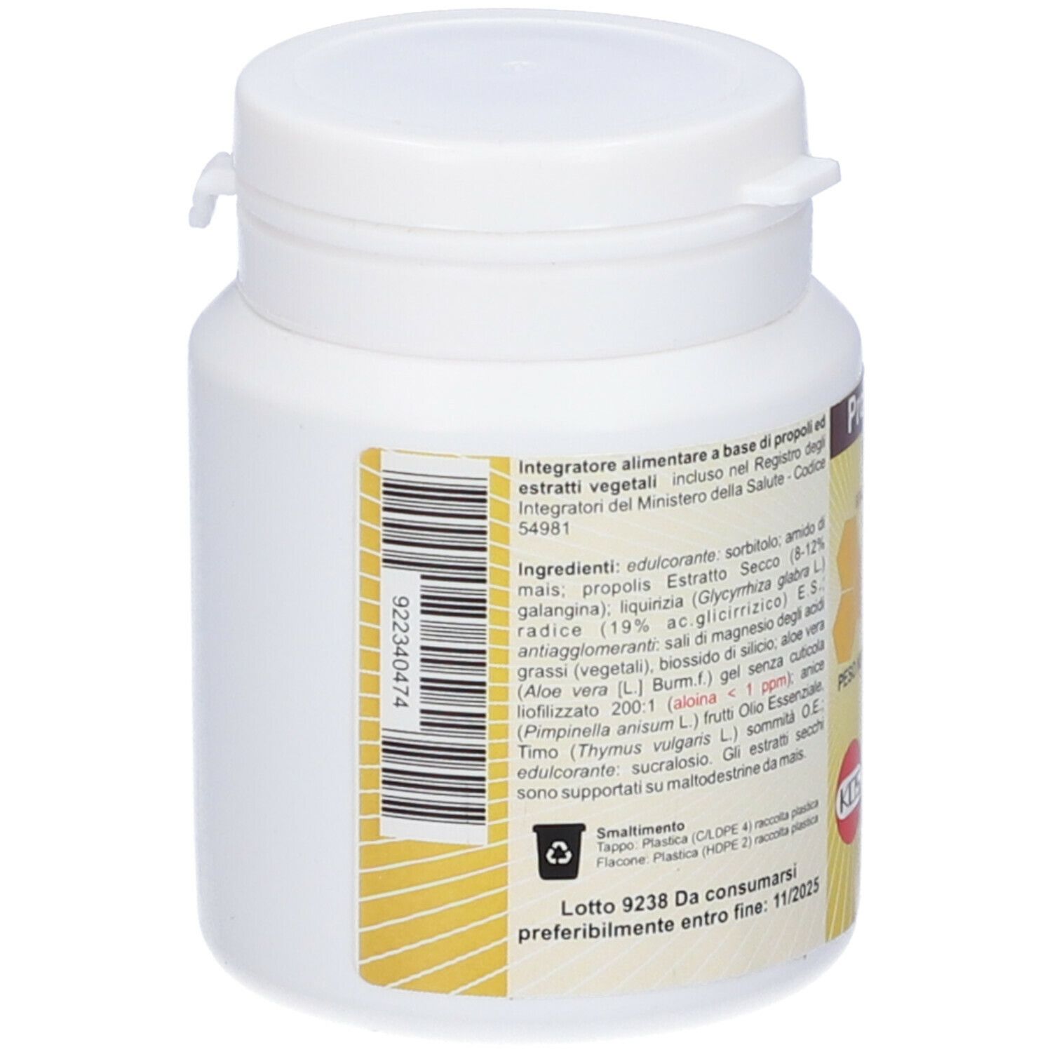 Flacone bianco, retro con etichetta. Testo: Integratore alimentare a base di propoli ed estratti vegetali. Codice a barre. Scadenza.