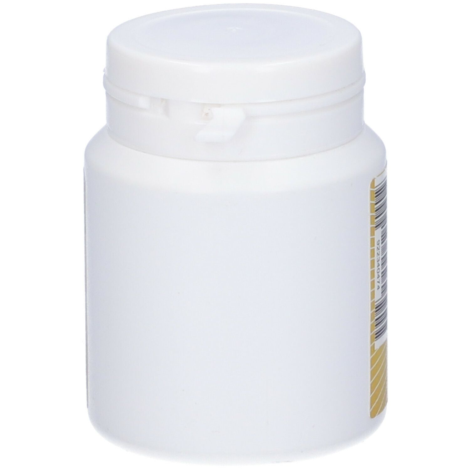 Flacone bianco, vista laterale. Etichetta con codice a barre e testo. Coperchio con chiusura a scatto.