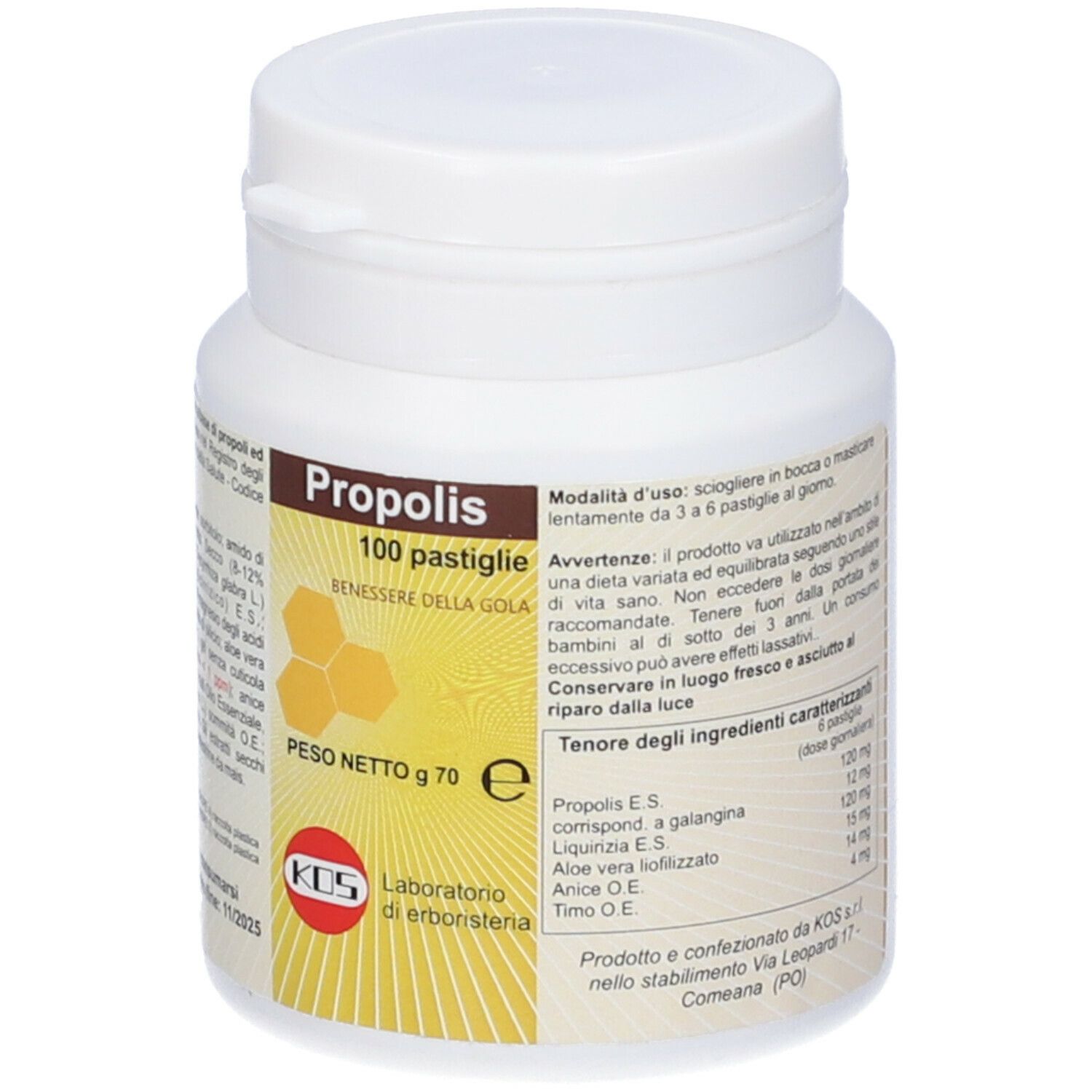 Flacone bianco, scritta: Propolis, 100 Pastiglie, grafica a nido d'ape. Testo: Benessere della gola. Peso 70g. Logo KDS. Ingredienti.