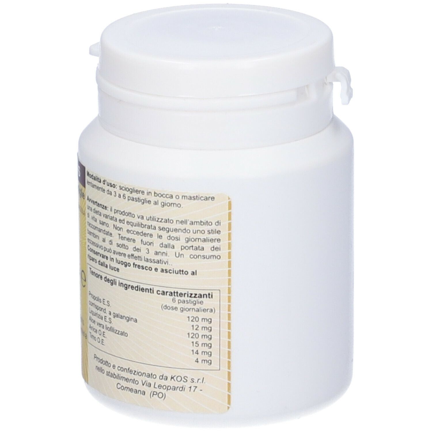 Flacone bianco, retro con testo e ingredienti. Testo: Modalità d'uso. Informazioni produttore. Scadenza.
