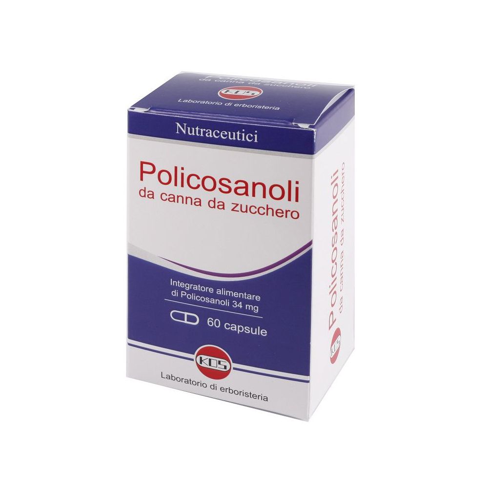 Scatola KOS Policosanoli. Scritta: Policosanoli da canna da zucchero. 60 capsule. Marchio KOS.