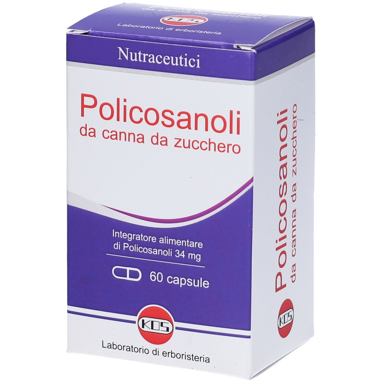 Scatola KOS Policosanoli. Scritta: Policosanoli da canna da zucchero. 60 capsule. Marchio KOS.