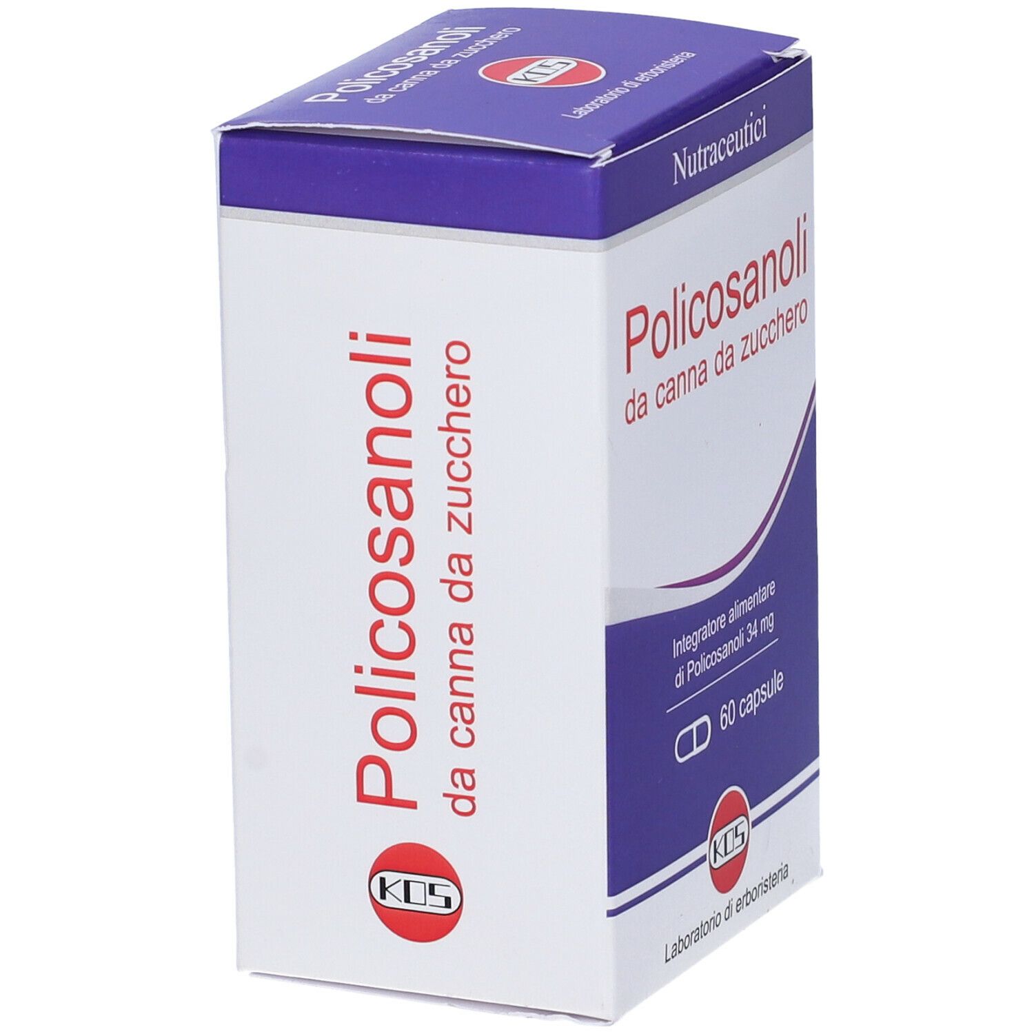 Scatola KOS Policosanoli. Scritta: Policosanoli da canna da zucchero. 60 capsule. Marchio KOS.