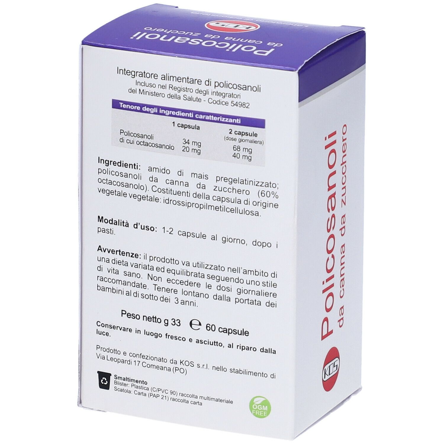 Scatola KOS Policosanoli, retro con informazioni. Scritta: Policosanoli da canna da zucchero. Marchio KOS.