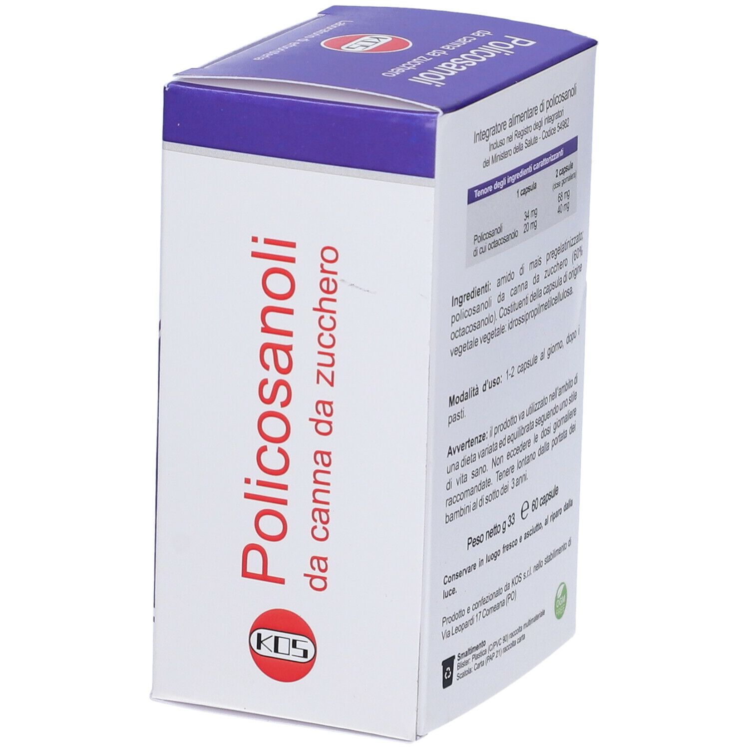 Scatola KOS Policosanoli, retro con informazioni. Scritta: Policosanoli da canna da zucchero. Marchio KOS.