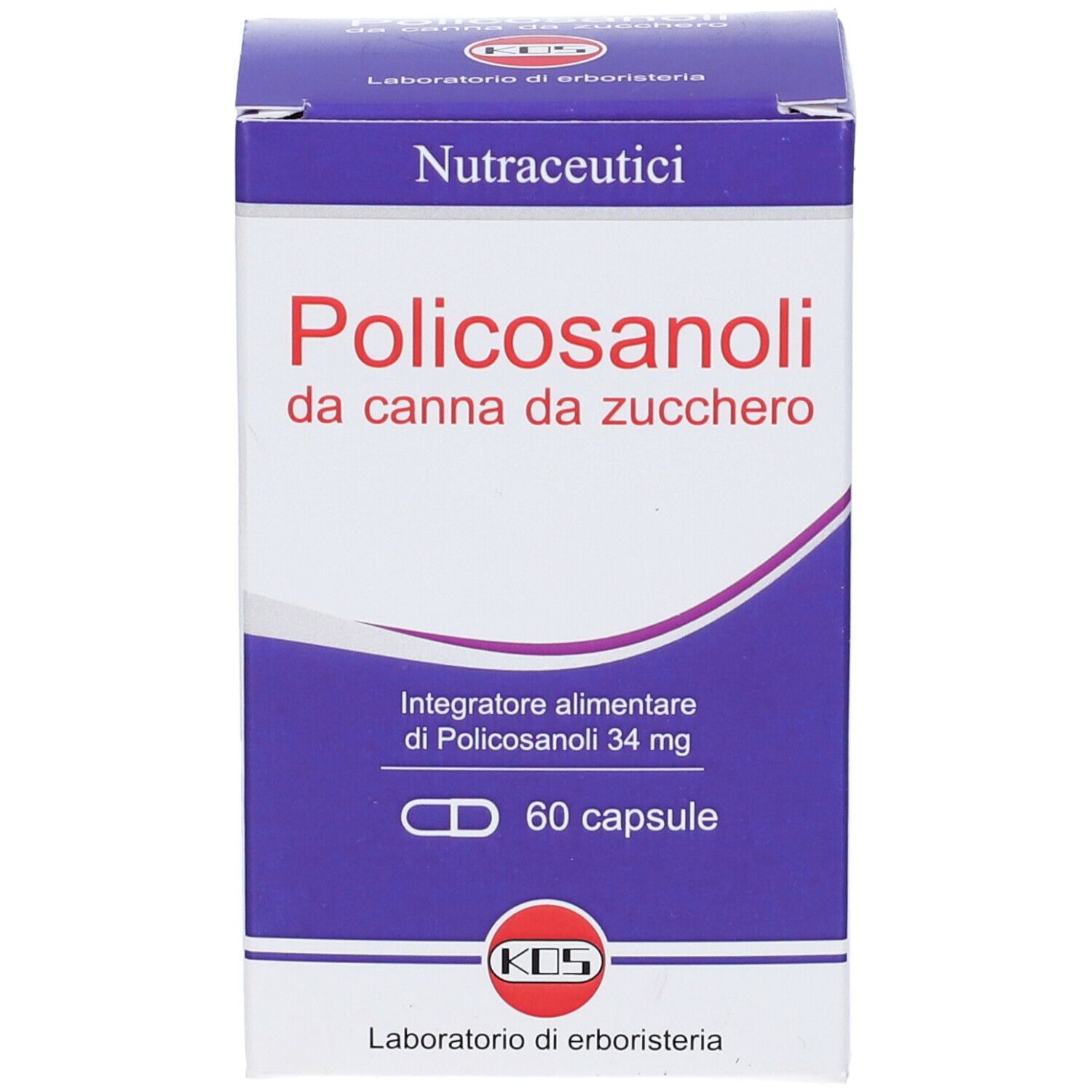 Scatola KOS Policosanoli. Scritta: Policosanoli da canna da zucchero. 60 capsule. Marchio KOS.