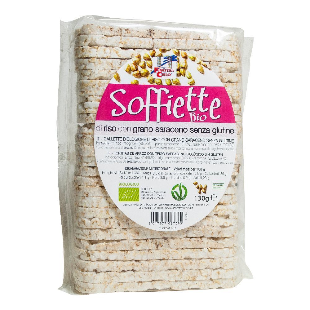 Confezione di gallette di riso. Scritta: Soffiette Bio, di riso con grano saraceno senza glutine. Marchio bio e 130g.