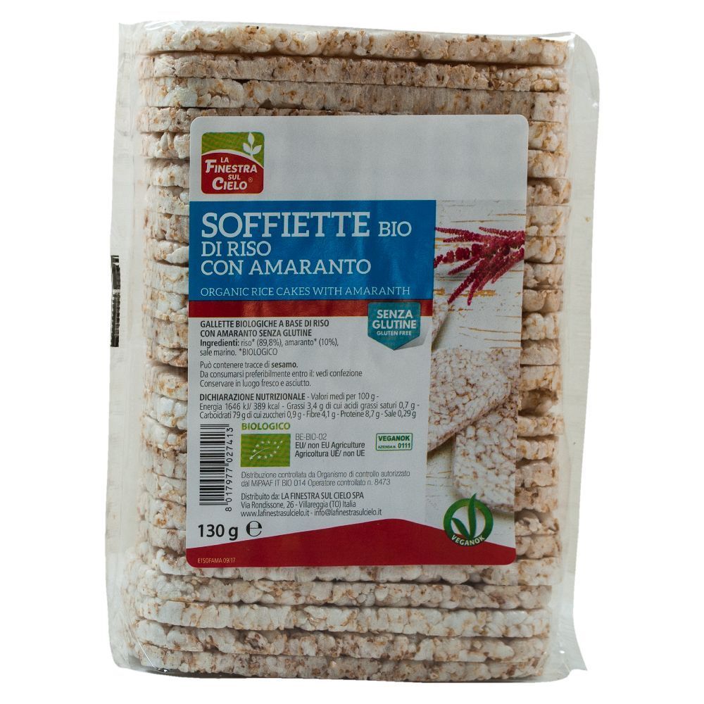Confezione di gallette di riso e amaranto. Scritta: Soffiette Bio di Riso con Amaranto. Senza glutine.