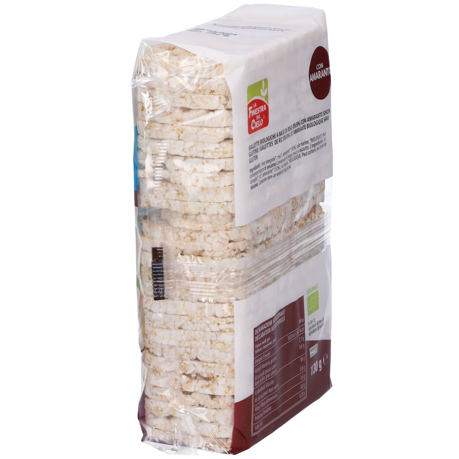 Confezione di gallette di riso e amaranto. Scritta: Soffiette Bio di Riso con Amaranto. Senza glutine.