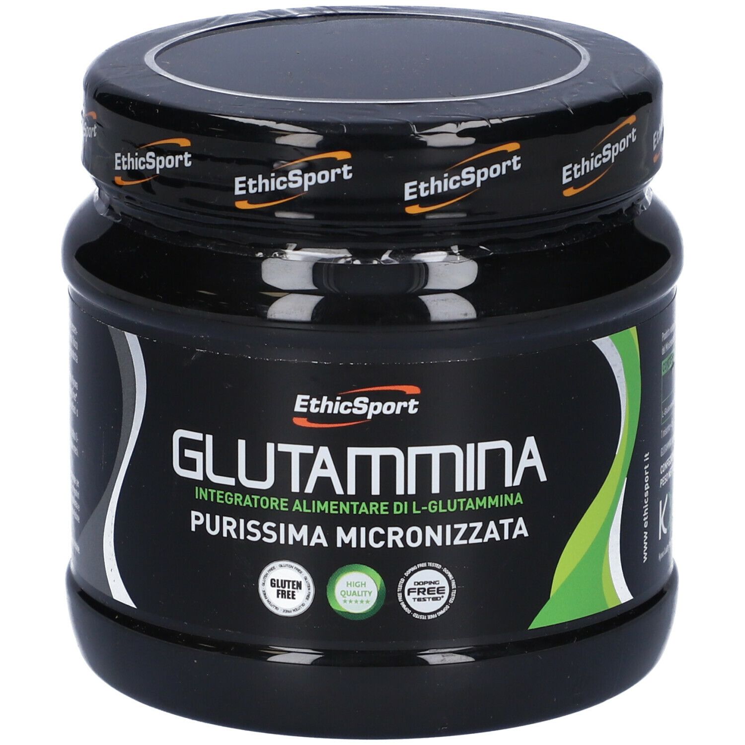 Barattolo nero con etichetta. Scritta: Glutammina, Integratore Alimentare. Senza glutine, alta qualità, senza doping. Coperchio con logo.