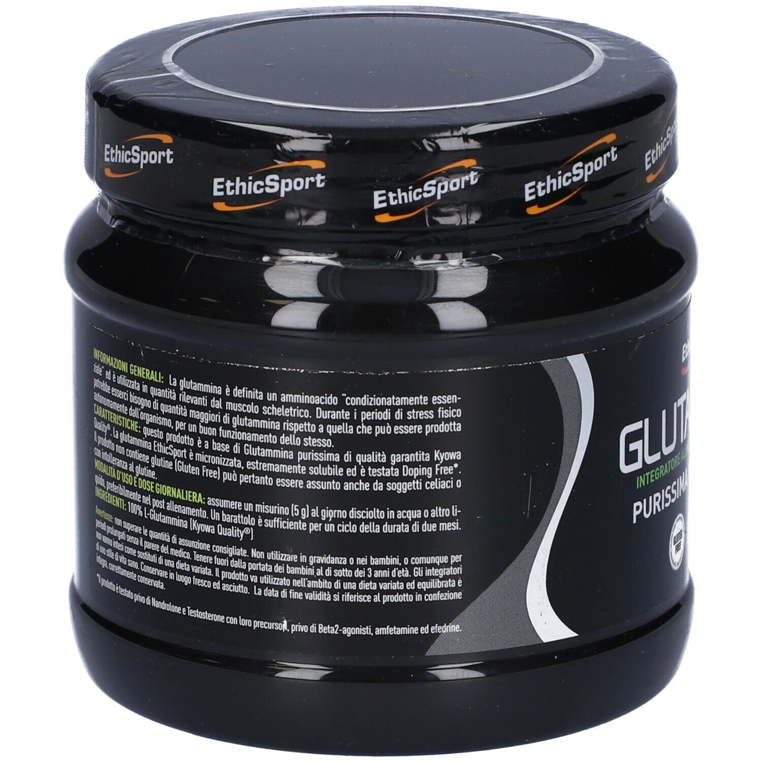 Barattolo nero con etichetta. Scritta: Glutammina, Integratore Alimentare. Retro con testo. Coperchio con logo.