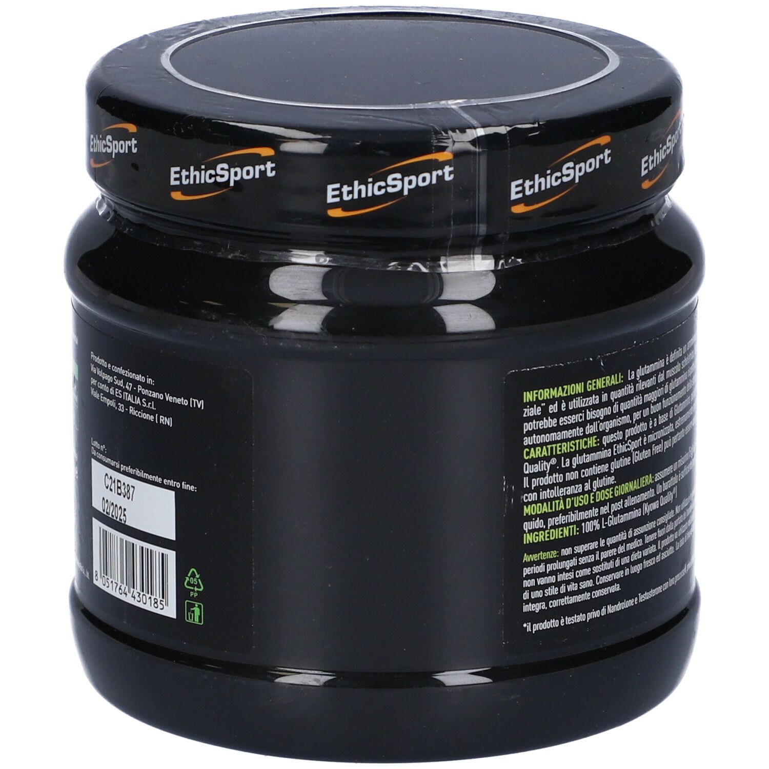 Barattolo nero con etichetta. Scritta: Glutammina, Integratore Alimentare. Retro con testo e codice a barre. Coperchio con logo.