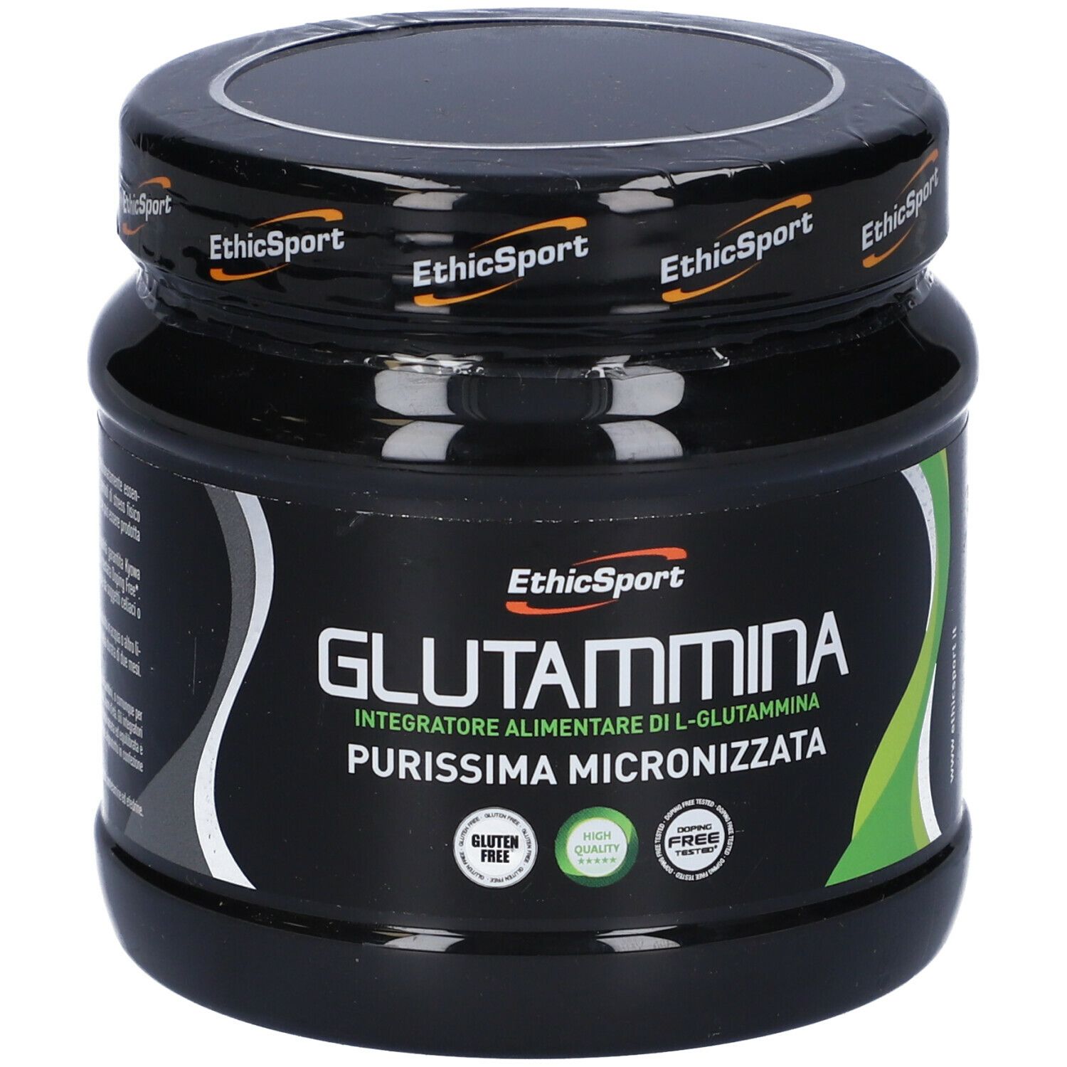 Barattolo nero con etichetta. Scritta: Glutammina, Integratore Alimentare. Senza glutine, alta qualità, senza doping. Coperchio con logo.