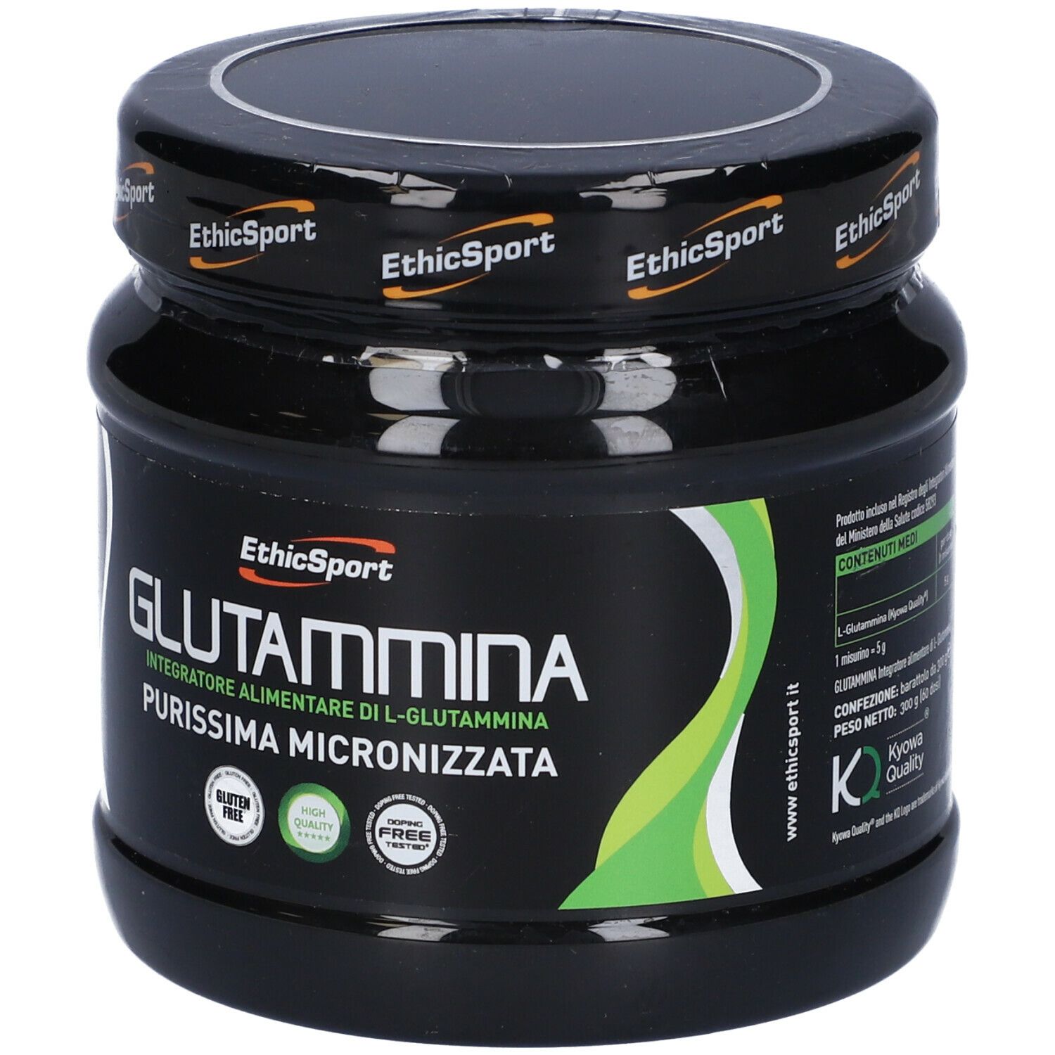 Barattolo nero con etichetta. Scritta: Glutammina, Integratore Alimentare. Retro con testo. Coperchio con logo.
