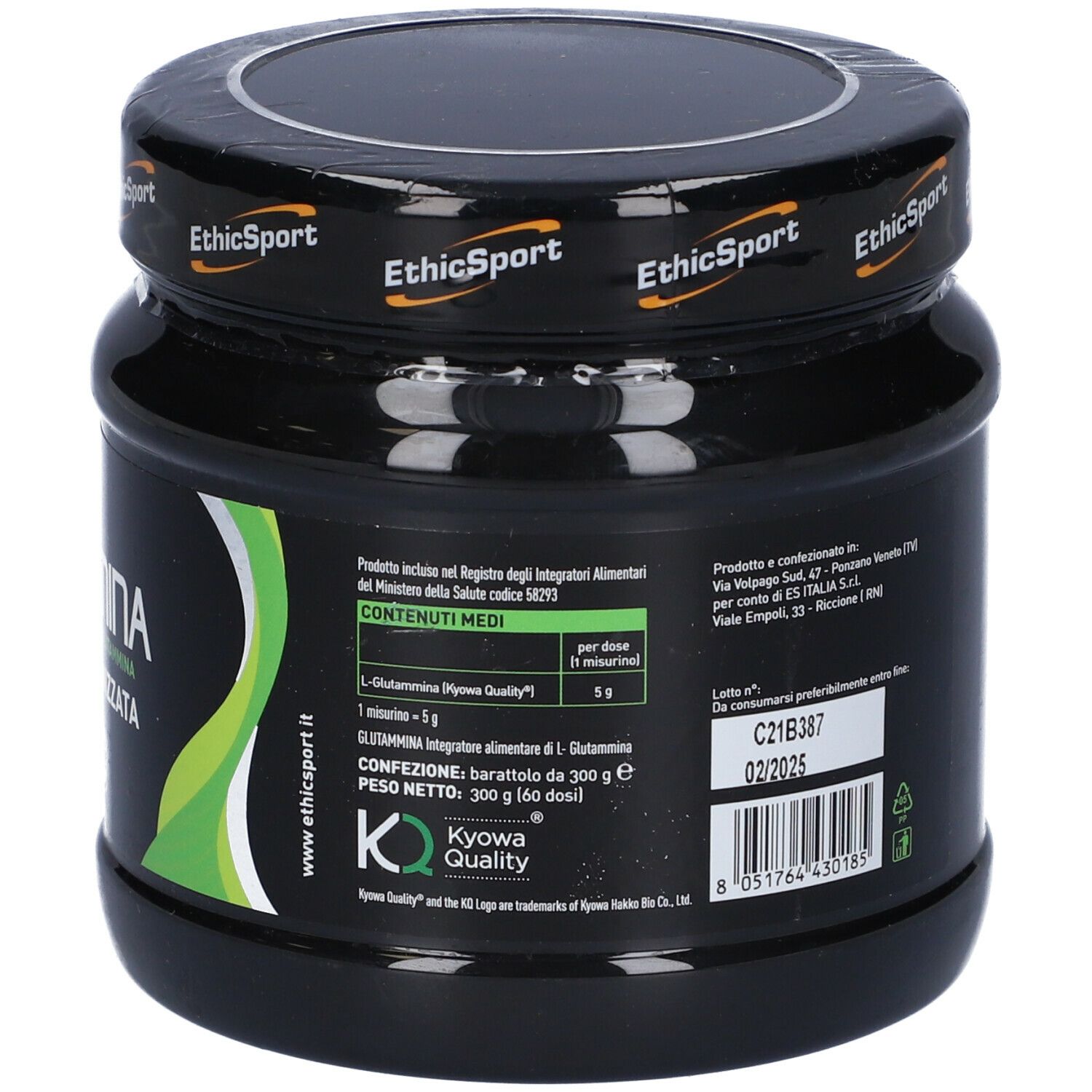 Barattolo nero con etichetta. Scritta: Glutammina, Integratore Alimentare. Retro con valori nutrizionali e codice a barre. Coperchio con logo.