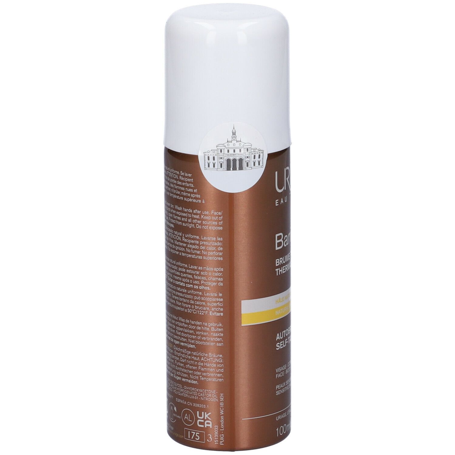 Retro del flacone Uriage Bariésun Autobronzant. Testo multilingue. Scritta: Autobronzant Self-Tanning.