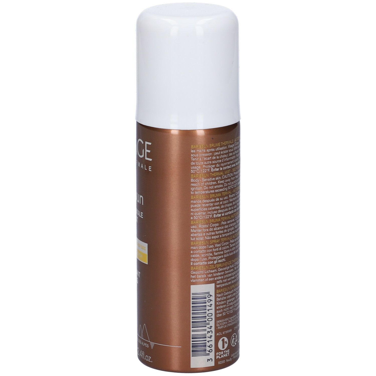 Retro del flacone Uriage Bariésun Autobronzant. Testo multilingue. Scritta: Autobronzant Self-Tanning.