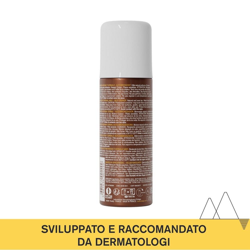 Retro del flacone Uriage Bariésun Autobronzant. Testo multilingue. Scritta: Sviluppato e raccomandato da dermatologi.