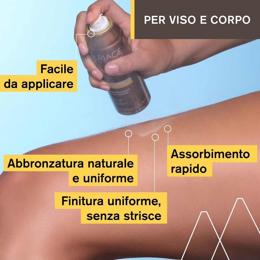 Applicazione di Uriage Bariésun Autobronzant su una gamba. Testo: Facile da applicare, abbronzatura naturale e uniforme.