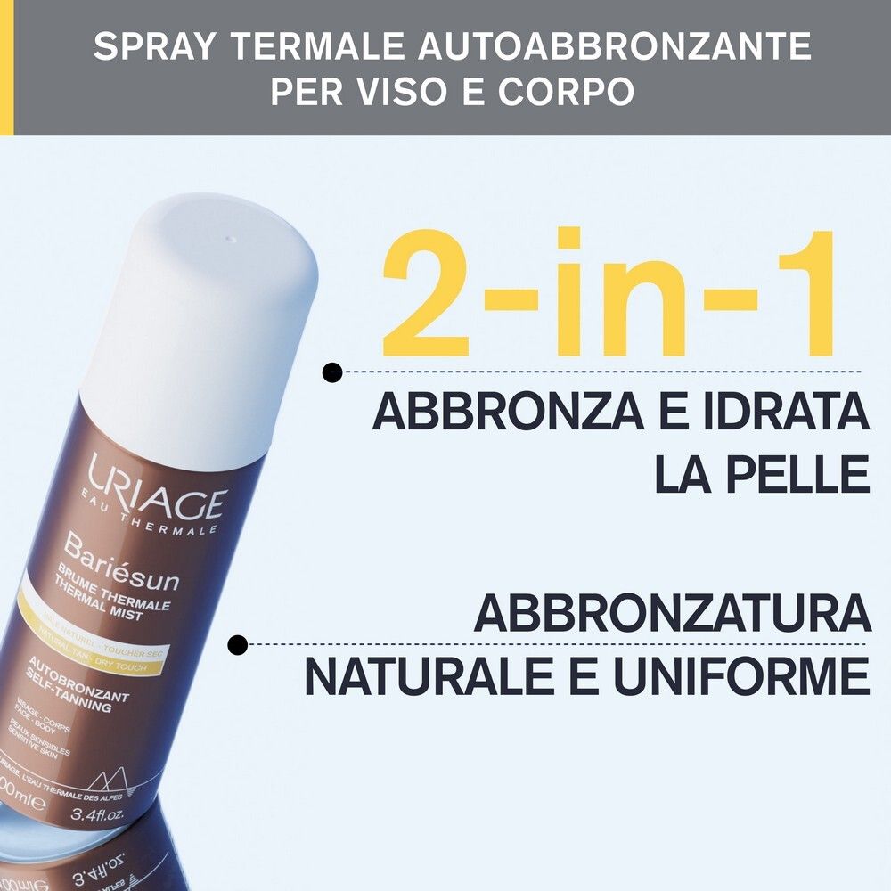Spray Uriage Bariésun Autobronzant. Testo: 2-in-1, abbronza e idrata la pelle, abbronzatura naturale e uniforme.