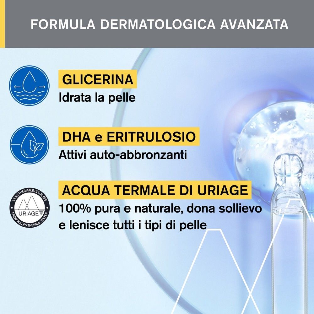 Ingredienti di Uriage Bariésun Autobronzant. Testo: Glicerina, DHA ed Eritrulosio, Acqua Termale di Uriage.