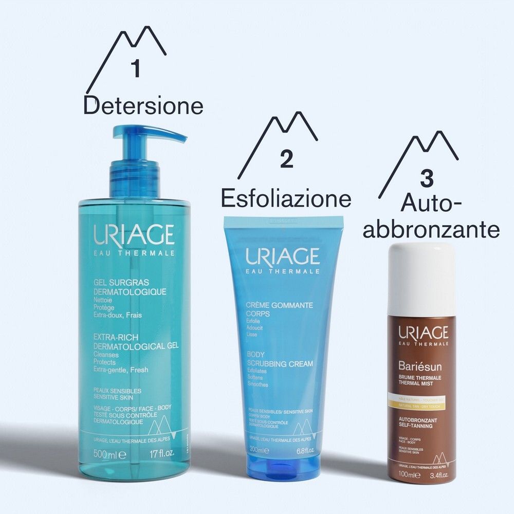 Gamma di prodotti Uriage. Prodotti: Detersione, Esfoliazione, Autoabbronzante. Uriage Gel Surgras, Crème Gommante Corps, Bariésun.