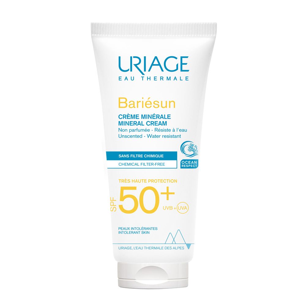Uriage Bariésun Crème Minérale SPF50. Tubo bianco, testo blu e giallo. Protezione solare SPF50+.