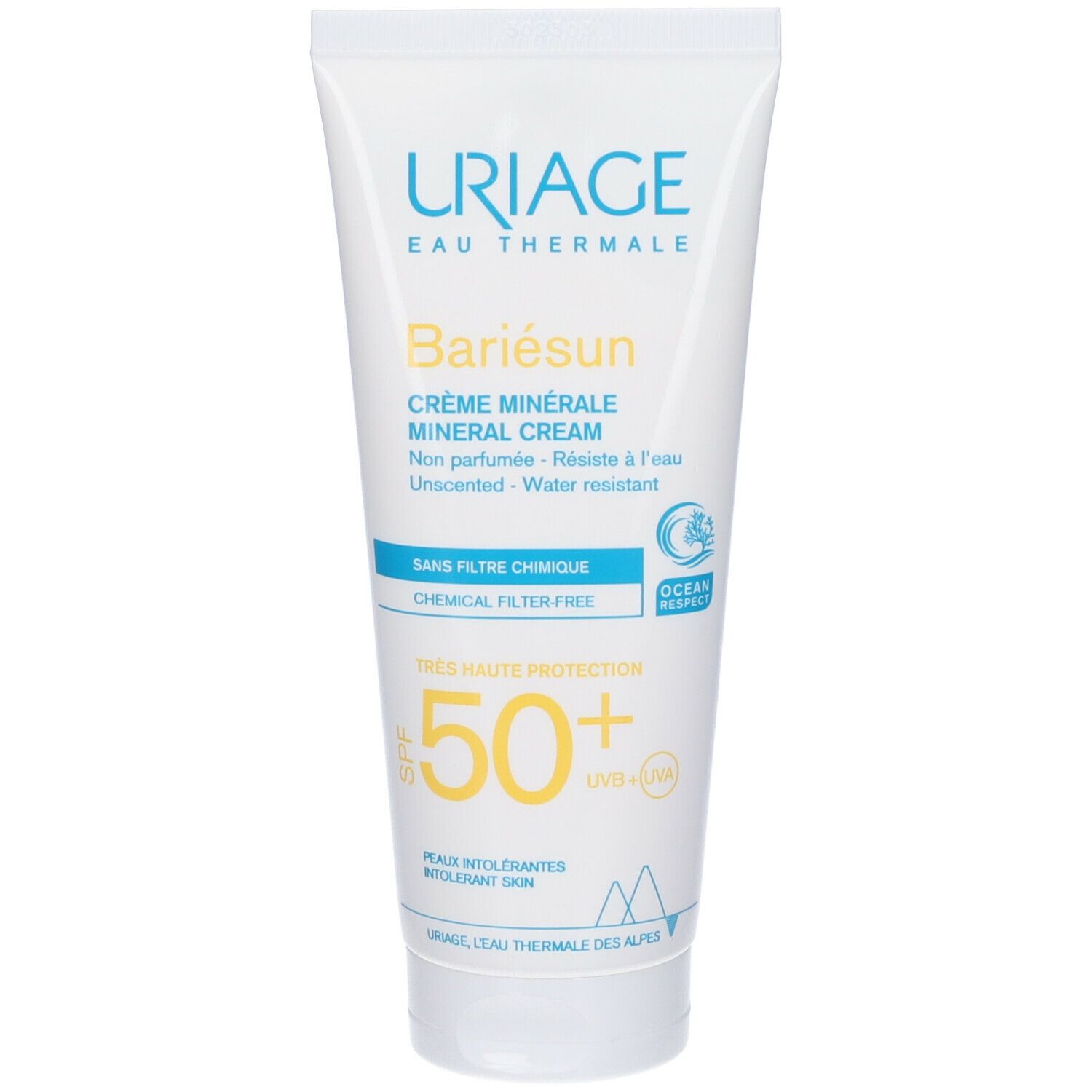 Uriage Bariésun Crème Minérale SPF50. Tubo bianco, testo blu e giallo. Protezione solare SPF50+.