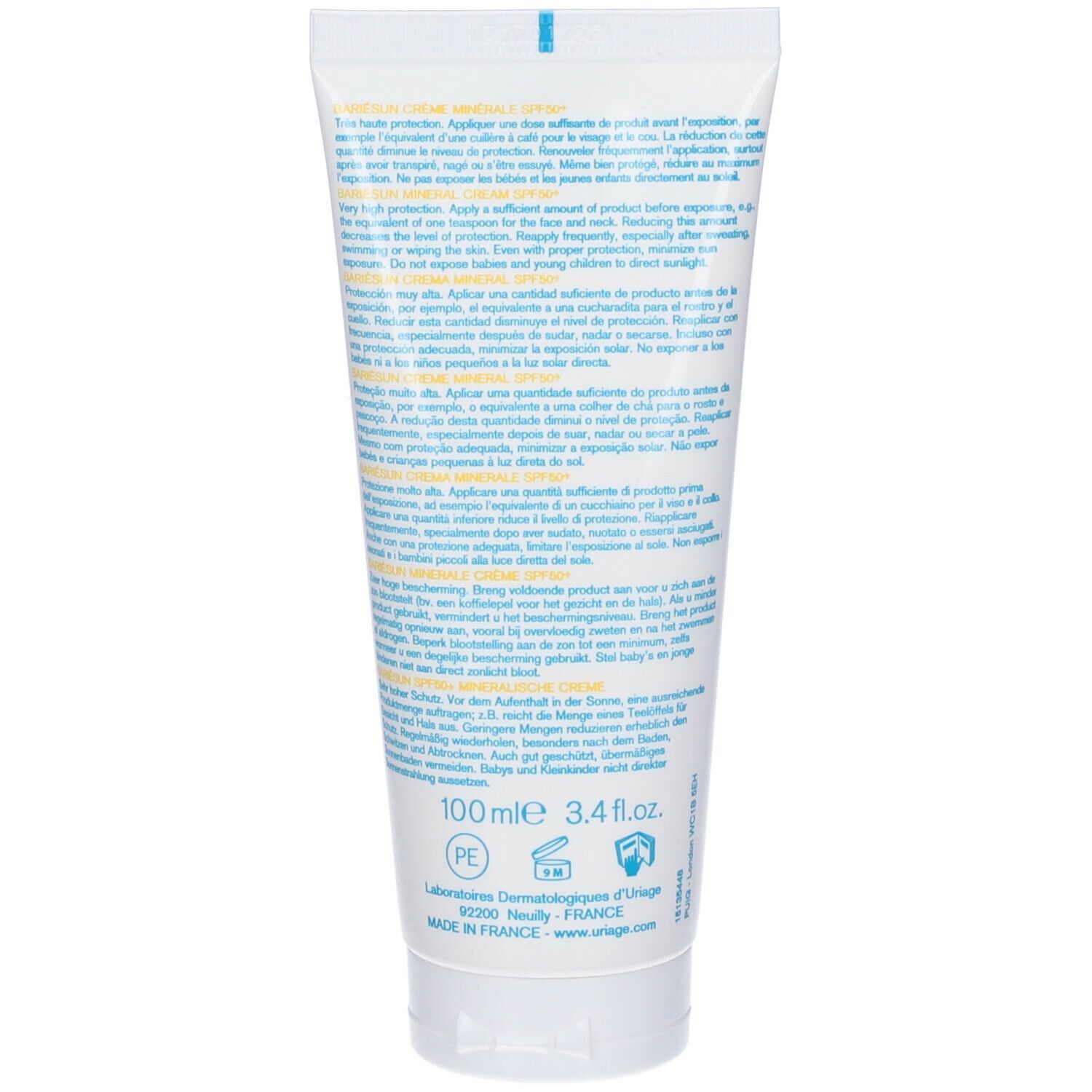 Retro del tubo Uriage Bariésun Crème Minérale SPF50. Testo multilingue. 100ml.